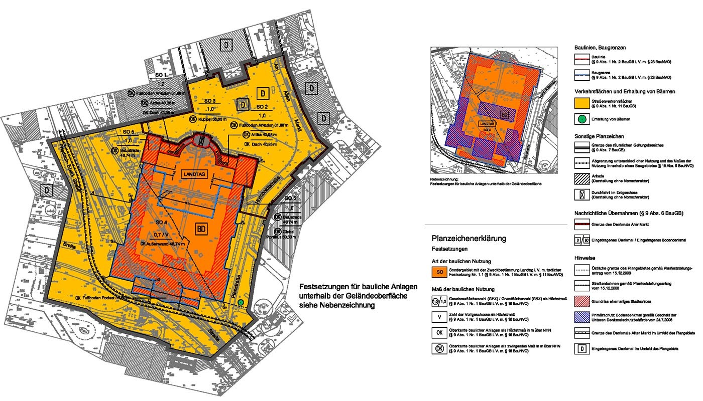 Grafik: Plan mit farblich dargestellten Festsetzungen der baulichen Anlagen und Straßenverkehrsflächen.