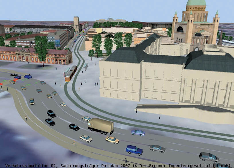 Abbildung Computersimulation: Verkehr fließt entlang des Landtags und Filmmuseums, nur Tram biegt in die Friedrich-Ebert-Straße ein.