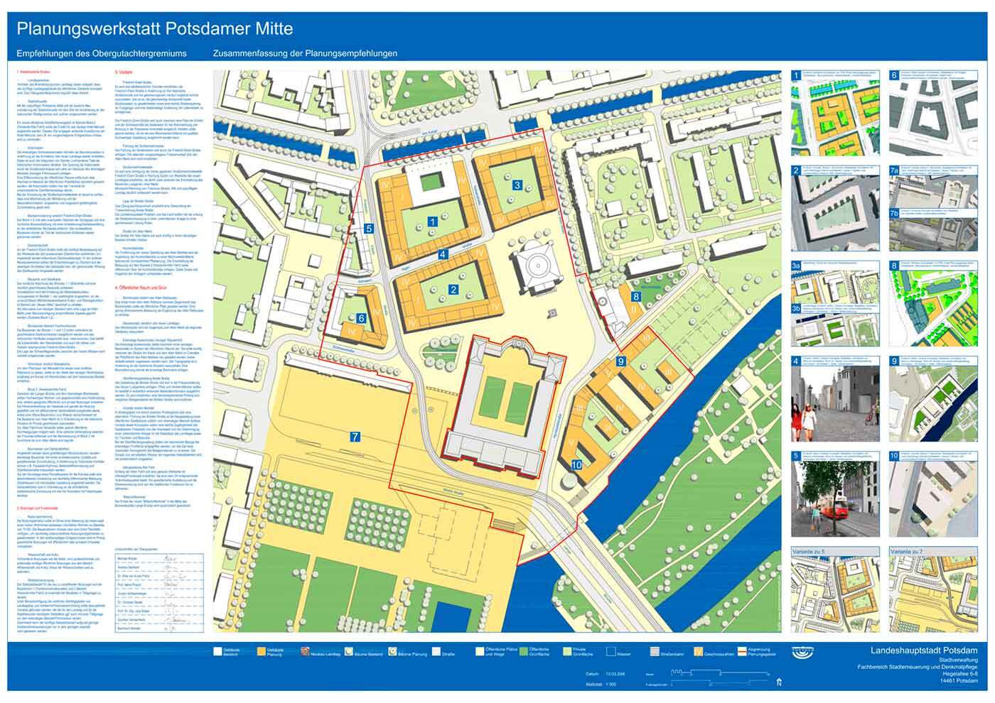 Karte: Mittig ist die Darstellung der städtebaulichen Entwicklung in einem größeren Ausschnitt zu sehen. Links davon stehen Beschreibungen zu der Darstellung und rechts davon die Einzel-Maßnahmen mit kleinem Bild.