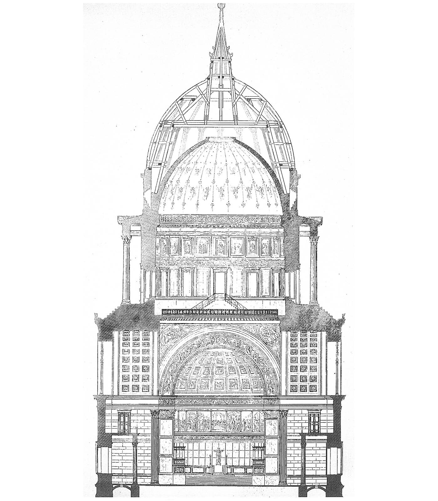 Zeichnung: Detaillierter Schnitt durch die Nikolaikirche mit Kuppel.