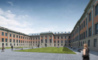 Grafik: Darstellung des Innenhofes mit historisierender Fassade, begrünter und gepflasterter Platzfläche.