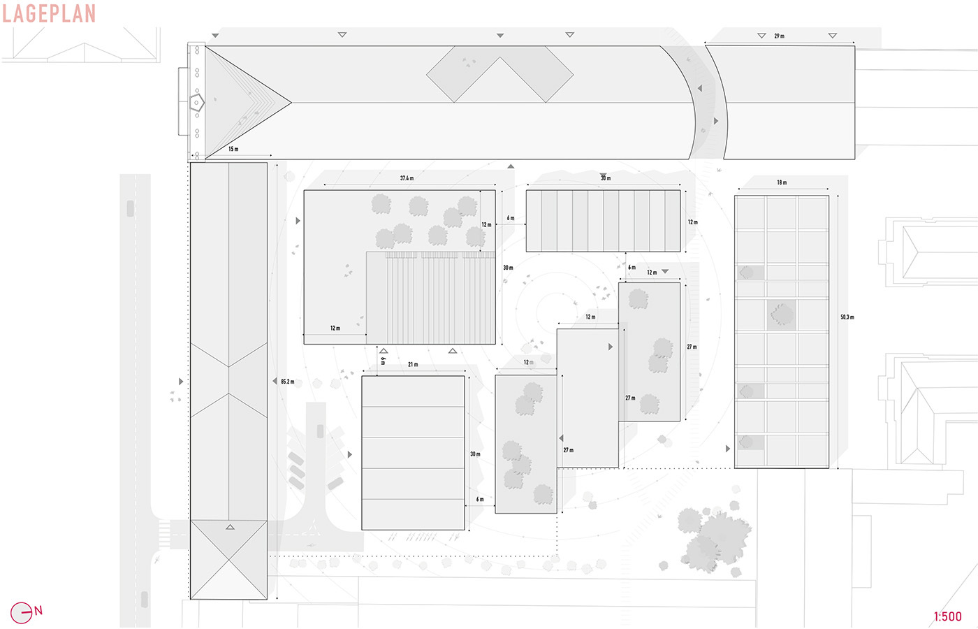 Grafik: Lageplan des Quartiers mit Darstellung der Gebäudekörper und Dachansichten.