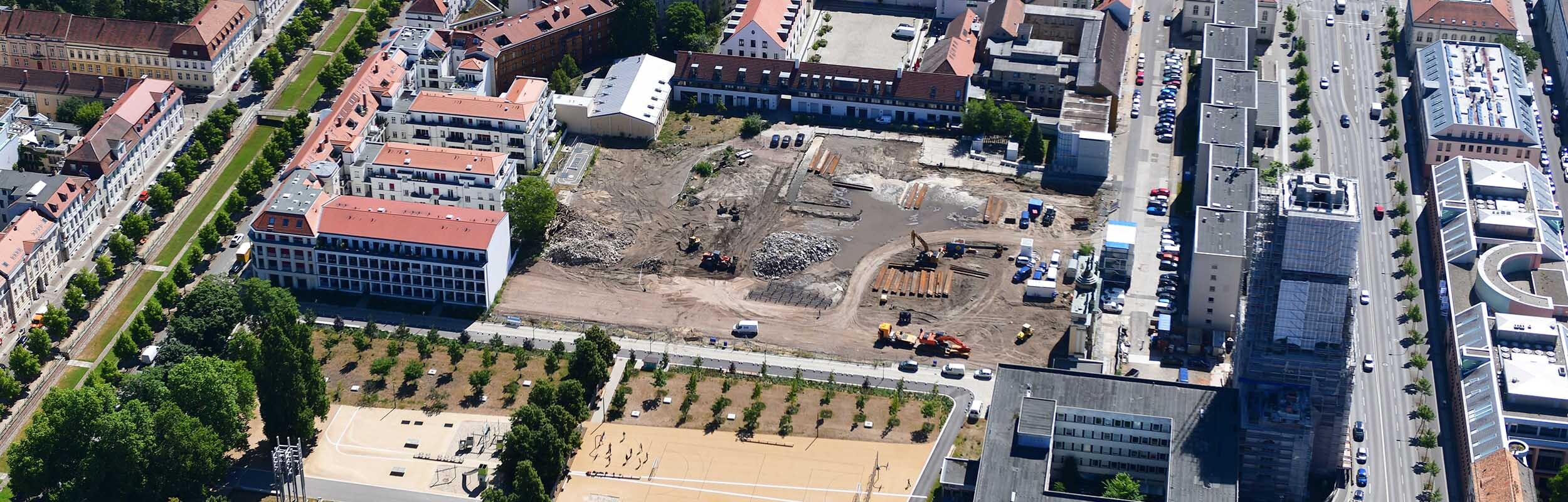 Foto: Luftaufnahme der Bauarbeiten auf dem Gelände der ehemaligen Feuerwache.
