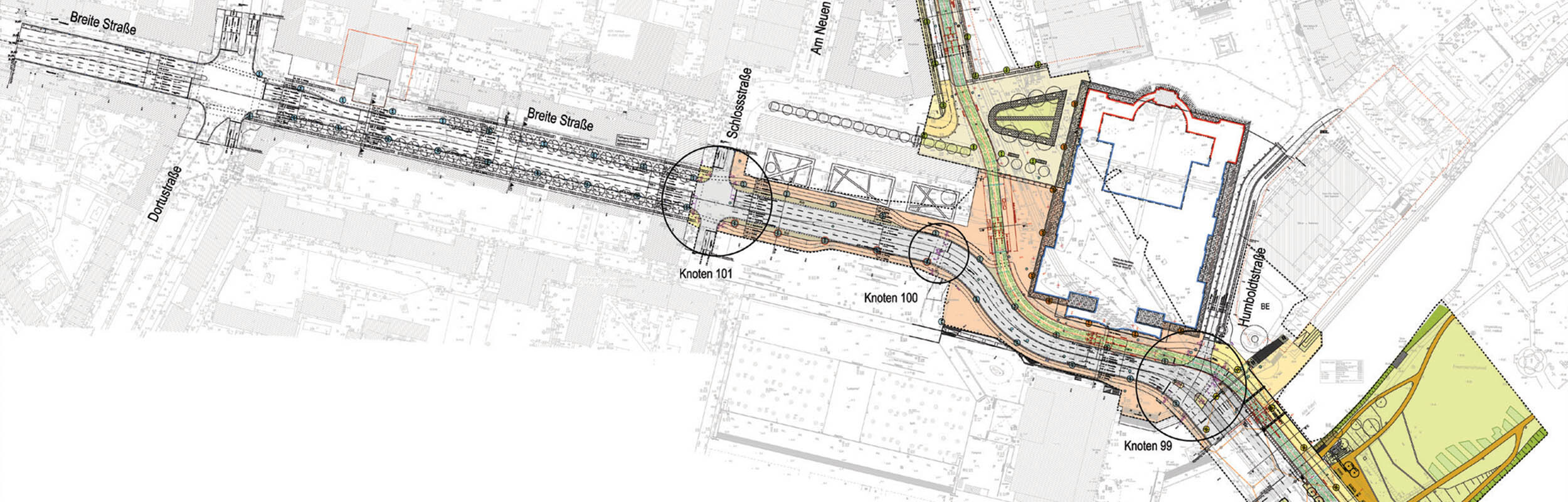 Grafik: Planzeichnung des neuen Straßenverlaufs und Markierung der Knotenpunkte.