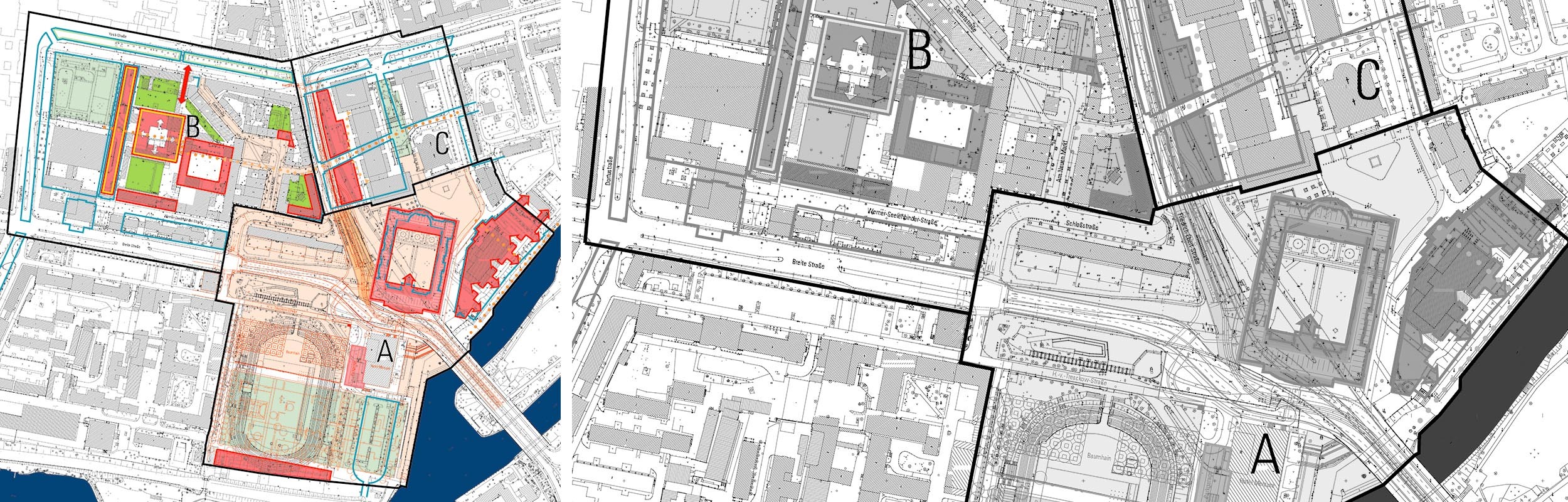 Grafik: Städtebaulicher Lageplan aus dem Jahr 1998 mit Darstellung der vorbereitenden Untersuchungen im Sanierungsgebiet der Innenstadt Potsdam.