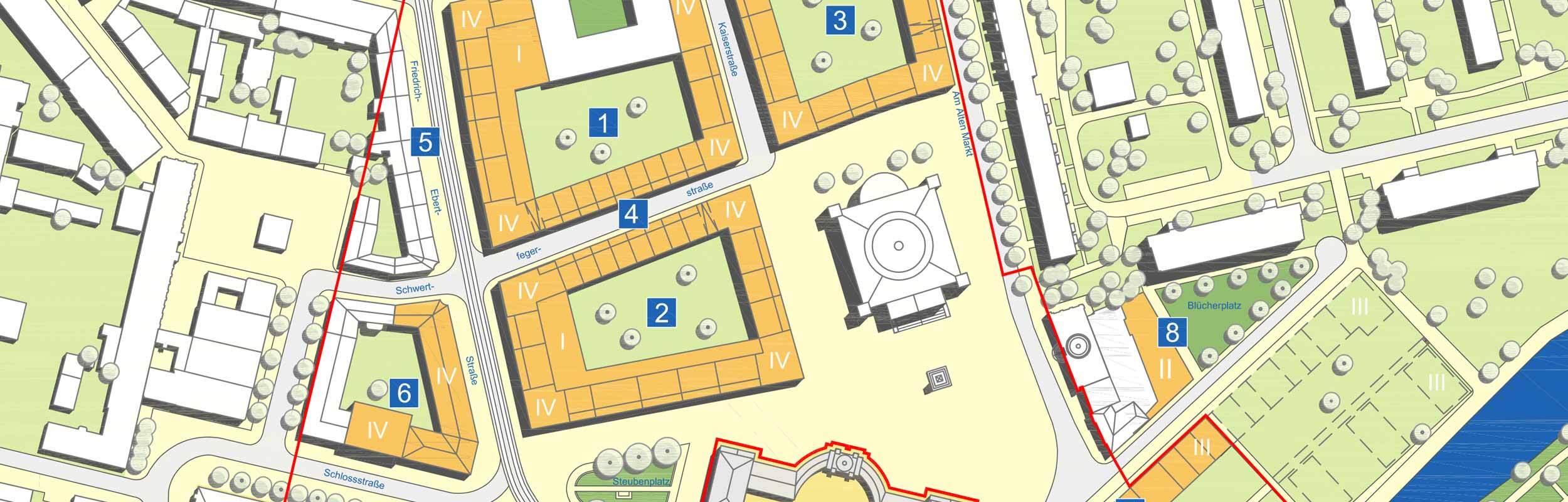 Karte: Darstellung der städtebaulichen Entwicklung der Potsdamer Mitte mit 5 Teil-Bereichen rund um den Alten Markt