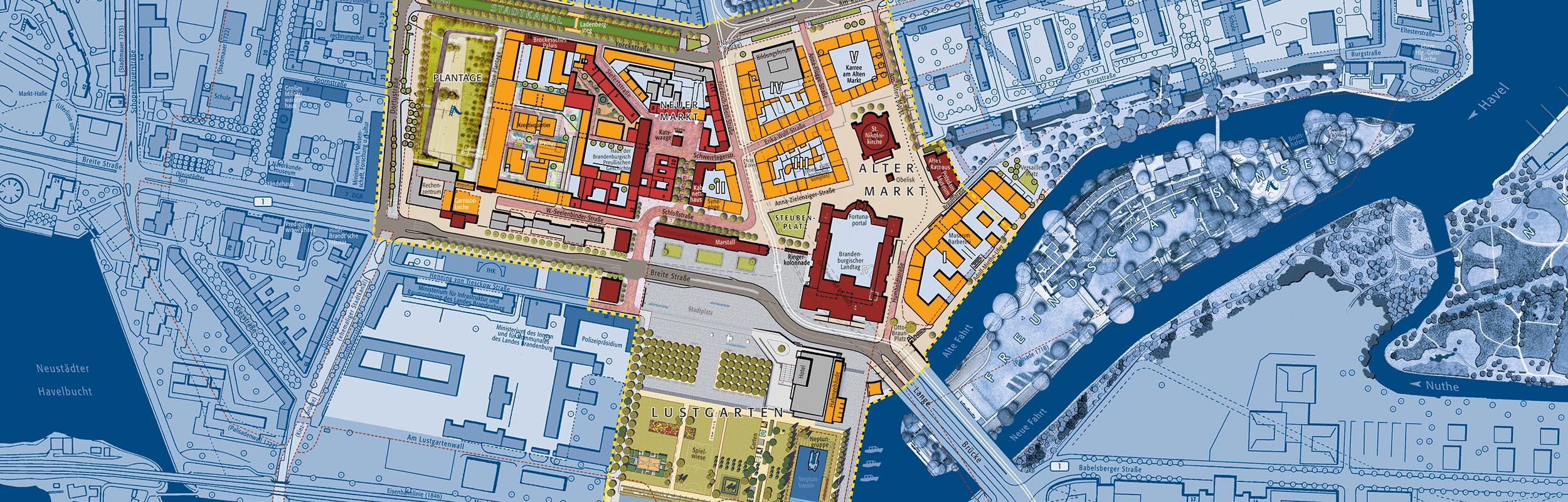Grafik: Städtebaulicher Lageplan des Sanierungs-Gebietes in der Potsdamer Innenstadt. Es sind Maßnahmen dargestellt, die im Zeitraum der Sanierung umgesetzt werden sollen.
